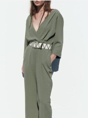 Zara Dark Khaki Long Belted 3/4 Sleeve Jumpsuit Size Large